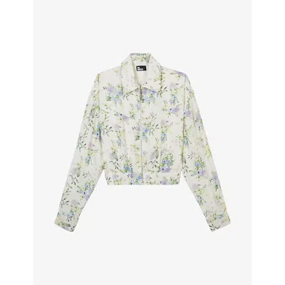 The Kooples Floral-print Elasticated-hem Woven Jacket In Light Blue/white