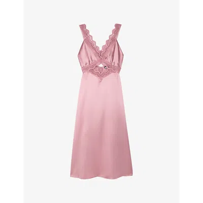 The Kooples Womens Pink Wood Lace-embroidered Cut-out Silk Midi Dress