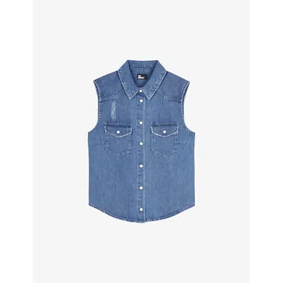 The Kooples Womens Used Rapiece Slim-fit Button-down Sleeveless Denim Shirt