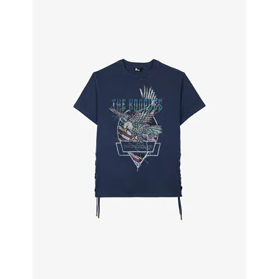 The Kooples Womens Washed Navy Graphic-print Side-tie Cotton T-shirt