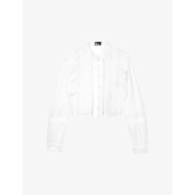 The Kooples Womens White Frill-embellished Long-sleeve Cropped Cotton Shirt