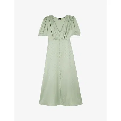 The Kooples Womens Almond Green Jacquard-heart Short-sleeve Satin Midi Dress Xs