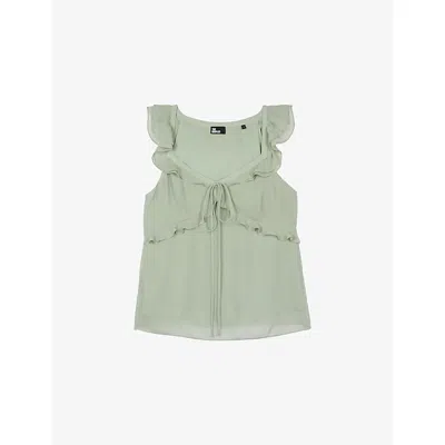 The Kooples Womens Almond Green Ruffled Tie-front Woven Top In Animal Print