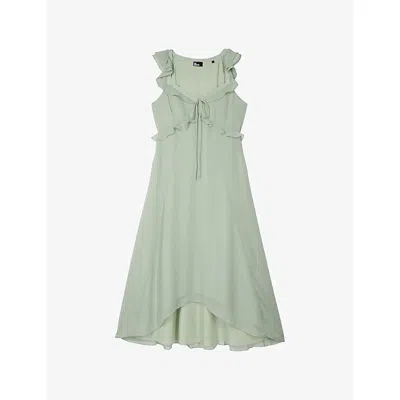 The Kooples Womens Almond Green V-neck Ruffled Woven Midi Dress