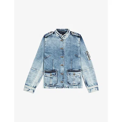 The Kooples Womens Baby Blue Patch-pocket Button-down Denim Jacket Xs