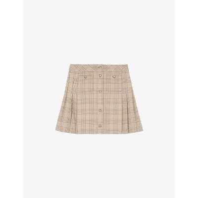 The Kooples Womens  Prince Of Wales-check Wool And Cotton-blend Mini Skirt In Beige-brown