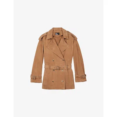 The Kooples Womens Beige Double-breasted Belted Suede Jacket In Brown