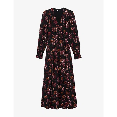 The Kooples Womens Black - Red Floral-print Long-sleeve Woven Maxi Dress In Brown
