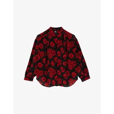 The Kooples Womens Black - Red Floral-print Long-sleeve Woven Shirt