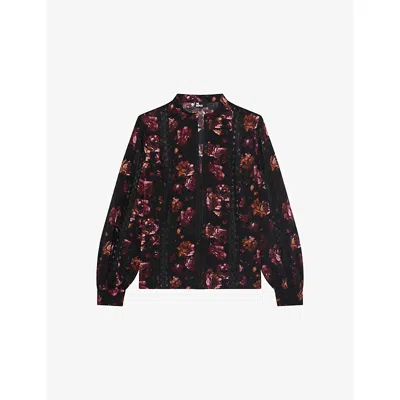 The Kooples Womens Black - Red Floral-print Long-sleeve Woven Top
