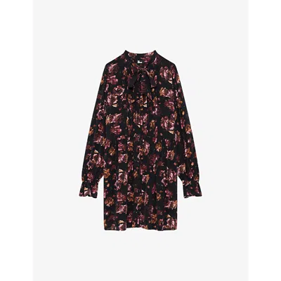 The Kooples Womens Black - Red Rose-print Long-sleeve Woven Mini Dress Xs In Brown