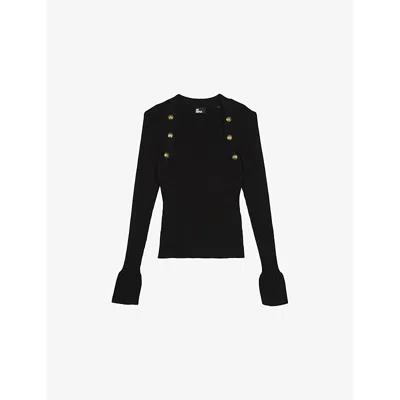 The Kooples Womens Black Bell-sleeve Ribbed Stretch-knit Top