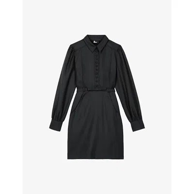 The Kooples Womens Black Bow-detail Collared Wool-blend Mini Dress