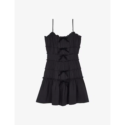 The Kooples Womens Black Bow-embellished Ruched Woven Mini Dress