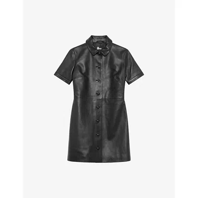 The Kooples Womens Black Button-down Short-sleeve Leather Mini Dress