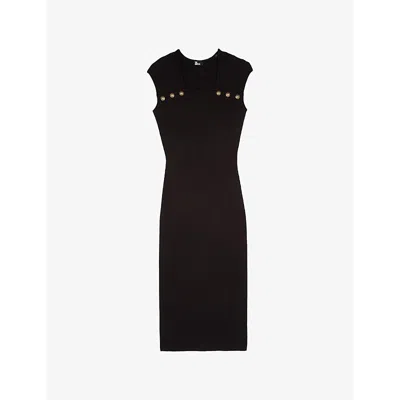 The Kooples Womens Black Button-front Cap-sleeve Stretch-woven Midi Dress