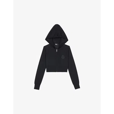 The Kooples Womens Black Crest-embroidered Cropped Wool Hoody