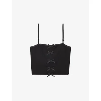 The Kooples Womens  Cropped Bow-embellished Woven Top In Black