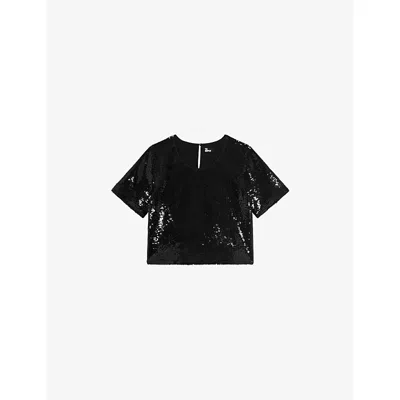 The Kooples Womens Black Cropped Short-sleeved Sequin-embellished Top