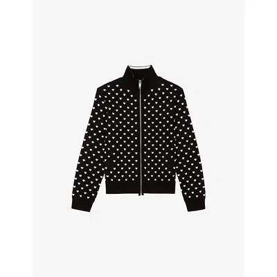 The Kooples Womens Black-ecru Zipped Heart-print Knitted Cardigan