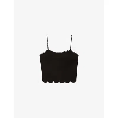 The Kooples Womens Black Embellished Scalloped-hem Woven Cami Top