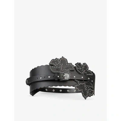 The Kooples Womens Black Flower-insert Stud-embellished Leather Belt