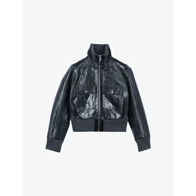 The Kooples Womens Black Funnel-neck Ribbed-trim Leather Jacket