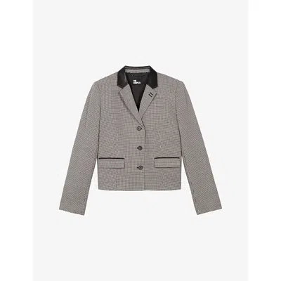 The Kooples Womens Houndstooth Contrast-collar Stretch Wool-blend Jacket Black Grey In Gray