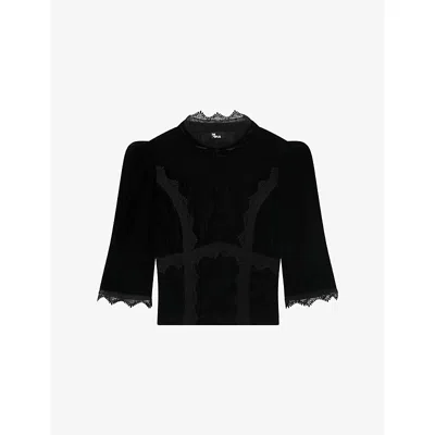 The Kooples Womens Black High-neck Stretch-velvet Top In Multi