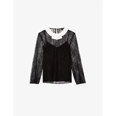 The Kooples Womens  Lace Contrast-collar Woven Top In Black