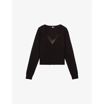 The Kooples Womens  Lace-embroidered Long-sleeve Knitted Jumper In Black