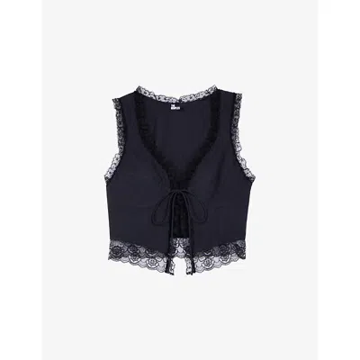 The Kooples Womens Black Lace-trim Tie-up Sleeveless Cotton Top