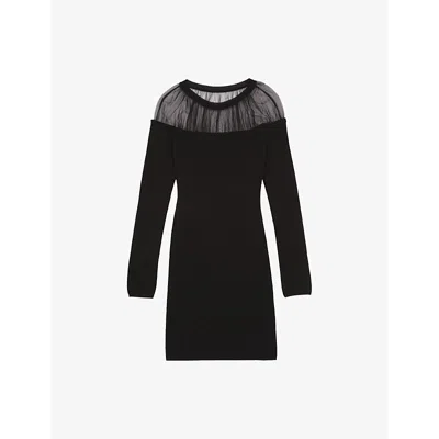 The Kooples Womens  Long-sleeve Tulle-trim Cotton-blend Mini Dress In Black