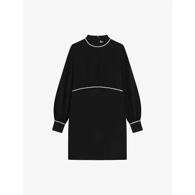 The Kooples Womens Long-sleeved Embellished-trim Stretch-woven Mini Dress Black Xs