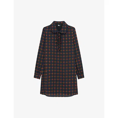 The Kooples Womens Black Melange Floral-print Long-sleeved Stretch-woven Mini Dress In Multi