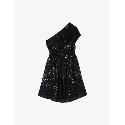 The Kooples Womens  One-shoulder Sequin-embellished Mini Dre In Black