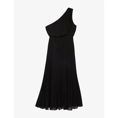 The Kooples Womens Black One-shoulder Pleated Woven Midi Dress