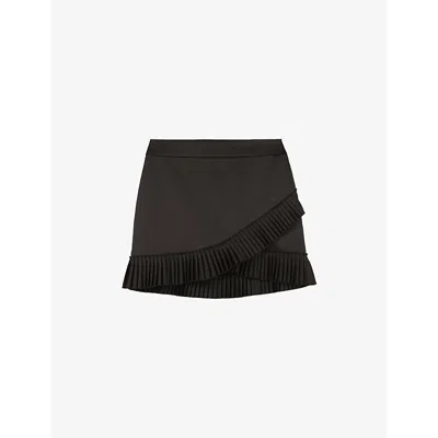 The Kooples Womens Pleated-trim Satin Mini Skirt Black