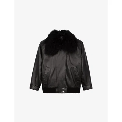 The Kooples Womens  Removable-collar Relaxed-fit Leather Jacket In Black