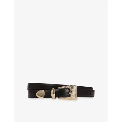 The Kooples Womens  Rhinestone-embellished Western Buckle Leather Belt In Black
