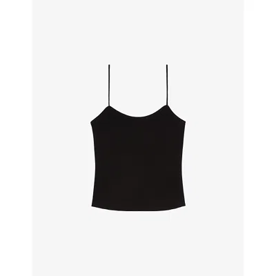 The Kooples Womens Black Round-neck Narrow-strap Woven Cami Top