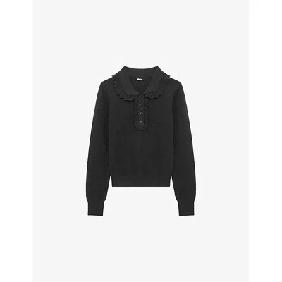 The Kooples Womens Black Scalloped-collar Regular-fit Wool And Cotton-blend Jumper Xs