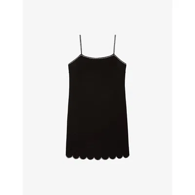 The Kooples Womens Black Scalloped Jewel-embellished Woven Mini Dress Xs