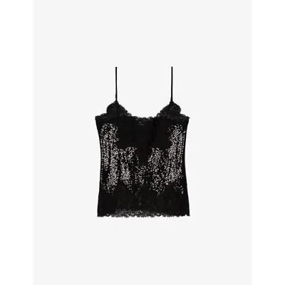 The Kooples Womens Sequin-embroidered Lace-trim Woven Top Black