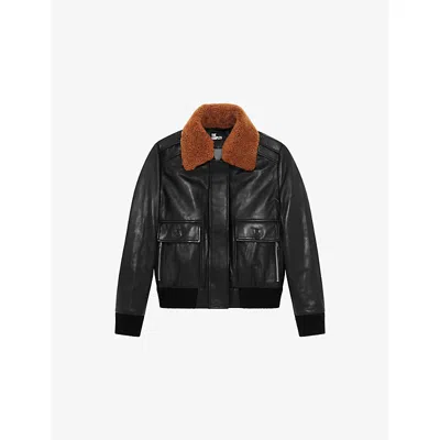 The Kooples Womens Black Sherpa-collar Side-pocket Leather Jacket Xs