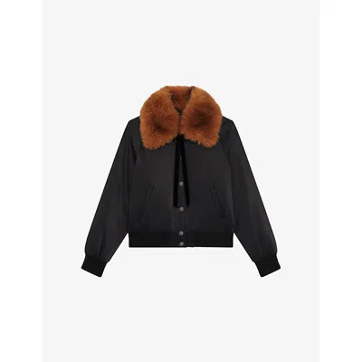 The Kooples Womens Black Short Removable-collar Satin Jacket