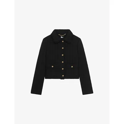 The Kooples Womens Black Side-pocket Tweed Cotton-blend Jacket