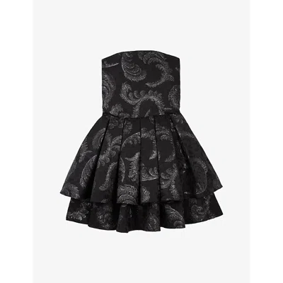 The Kooples Womens  Graphic-print Bustier Woven Mini Dress In Black / Silver