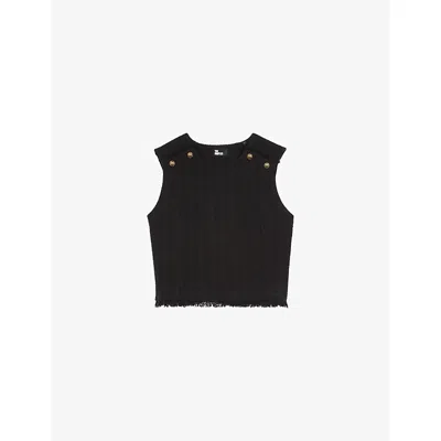 The Kooples Womens Black Sleeveless Round-neck Stretch-tweed Top Xs