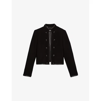 The Kooples Womens Black Stand-collar Leather-trim Wool Jacket
